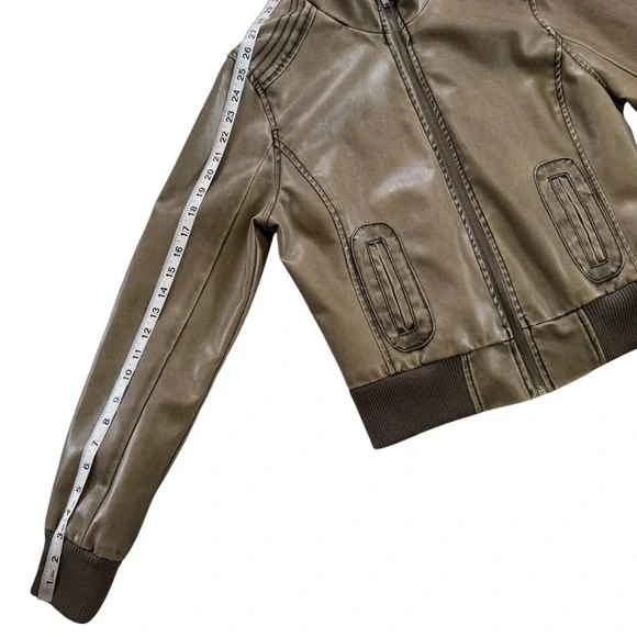 Blue Spice Womens Size Large Faux Leather Bomber Coat Jacket Full Zip Brown Tan - Picture 9 of 14